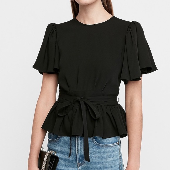 Express Tops - NWT Express Black Flutter Sleeve Belted Peplum Top